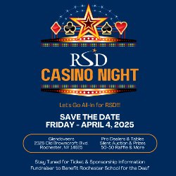 RSD Casino Night with blue background and casino graphics, with text as outlined on the event listing